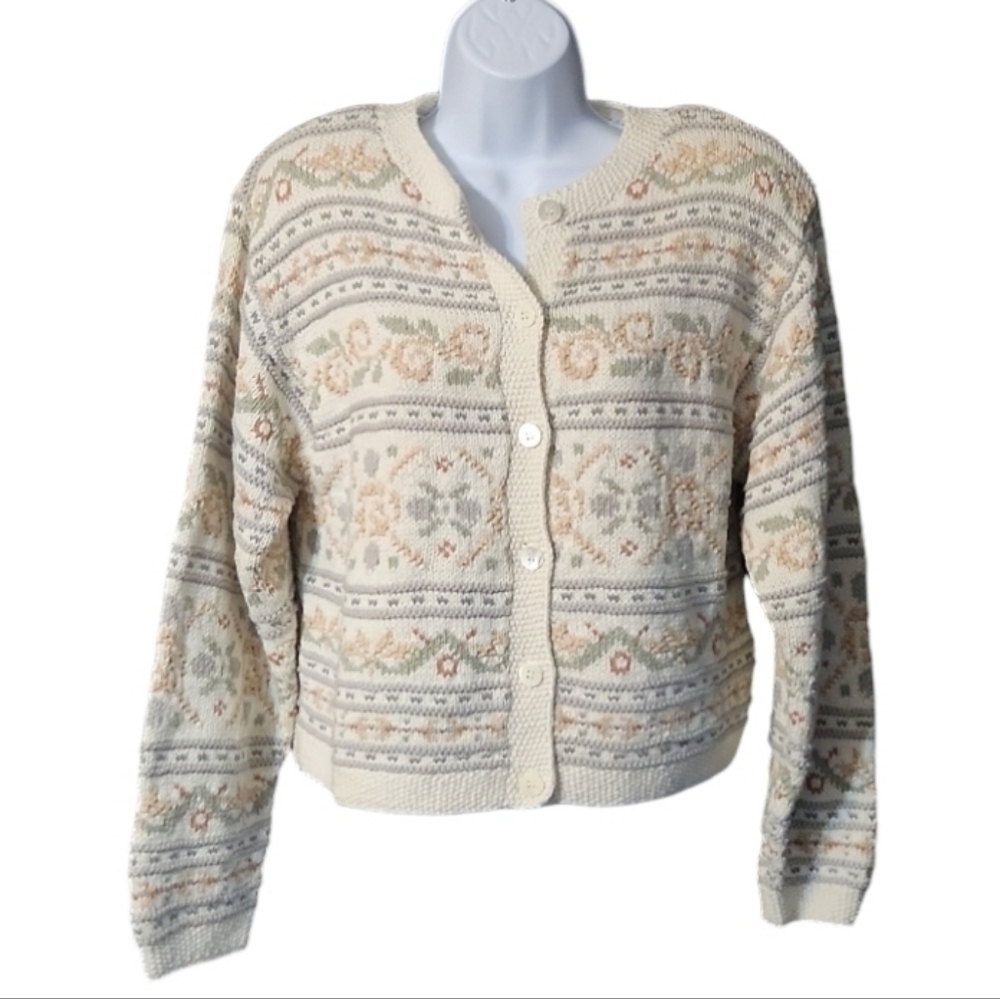 Liz Claiborne Cream and Tan Patterned Cardigan Sweater